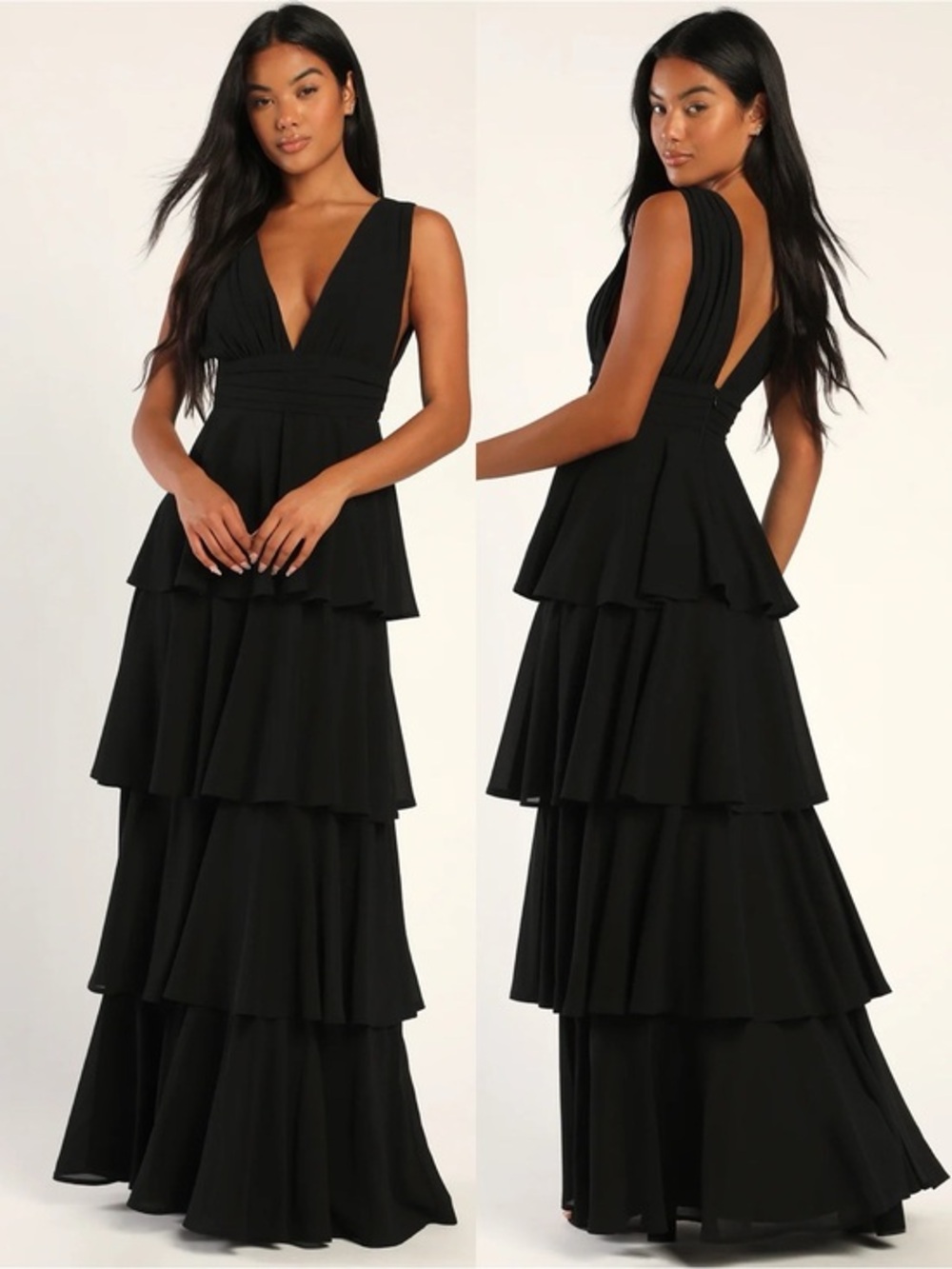NWOT Lulu’s Amazing Evening Black Tiered Crepe Maxi Dress Small Party Glam Chic